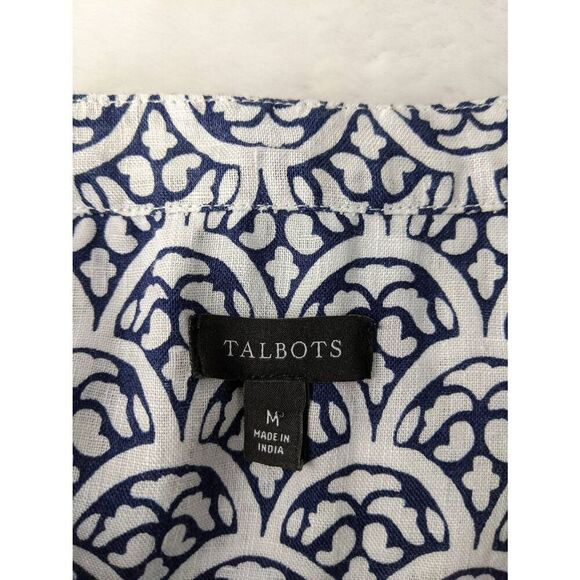 Talbots White Blue Linen Half-Button Long Sleeve Blouse Shirt Top Sz M Medium‎ - Picture 5 of 10